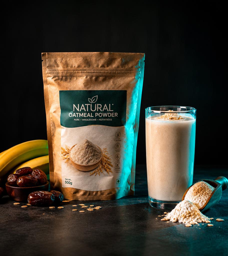 Nature's Hub oatmeal powder pouch beside a creamy smoothie